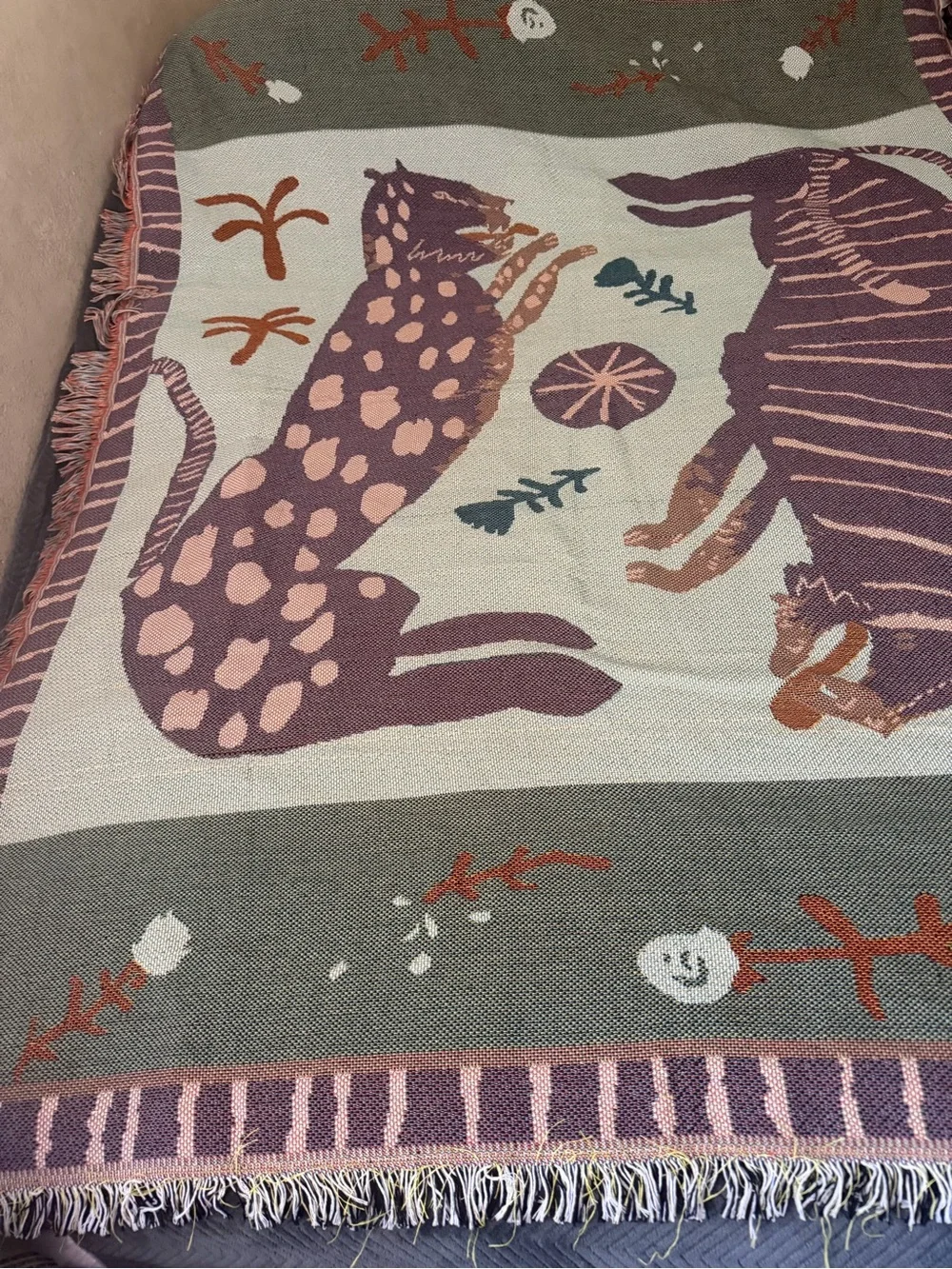 Safari Tiger & Leopard Woven Throw Blanket Fringe Tapestry 50” x 60”